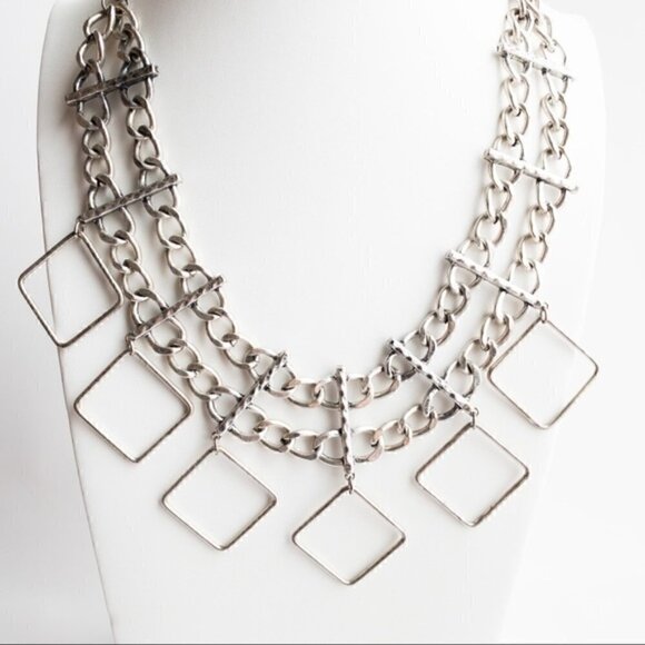 Asymmetrical Chunky Silver Tone Necklace Modernist Brutalist Abstract Geometric - Picture 2 of 6